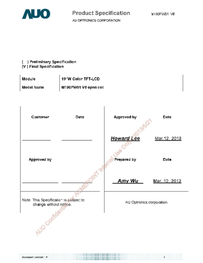 . Various Panel AUO M190PW01 V8 CELL 0 [DS]  . Various LCD Panels Panel_AUO_M190PW01_V8_CELL_0_[DS].pdf