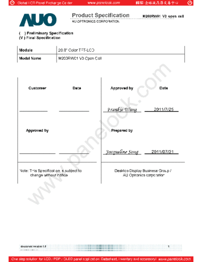 . Various Panel AUO M200RW01 V3 1 [DS]  . Various LCD Panels Panel_AUO_M200RW01_V3_1_[DS].pdf