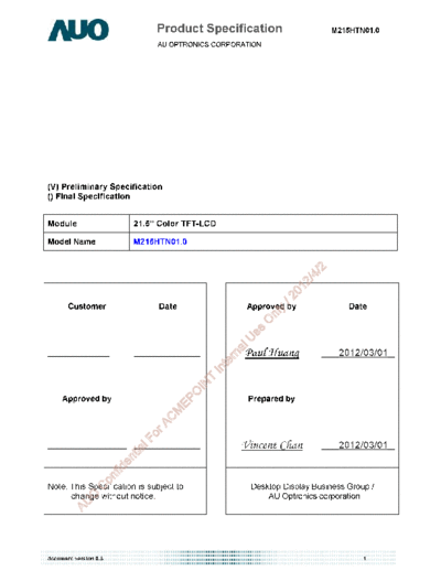 . Various Panel AUO M215HTN01-0 1 [DS]  . Various LCD Panels Panel_AUO_M215HTN01-0_1_[DS].pdf