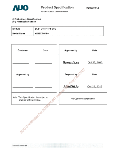 . Various Panel AUO M215XTN01-0 0 [DS]  . Various LCD Panels Panel_AUO_M215XTN01-0_0_[DS].pdf