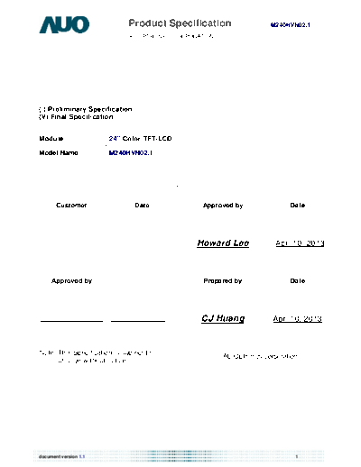 . Various Panel AUO M240HVN02-1 1 [DS]  . Various LCD Panels Panel_AUO_M240HVN02-1_1_[DS].pdf