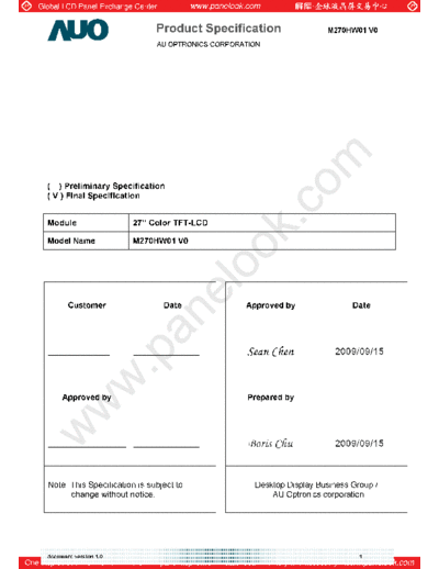 . Various Panel AUO M270HW01 V0 1 [DS]  . Various LCD Panels Panel_AUO_M270HW01_V0_1_[DS].pdf