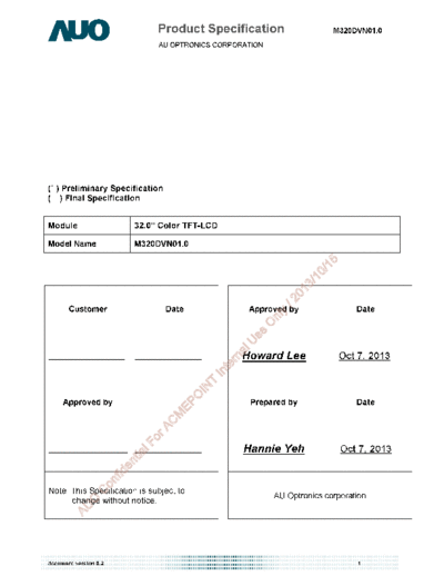 . Various Panel AUO M320DVN01-0 0 [DS]  . Various LCD Panels Panel_AUO_M320DVN01-0_0_[DS].pdf