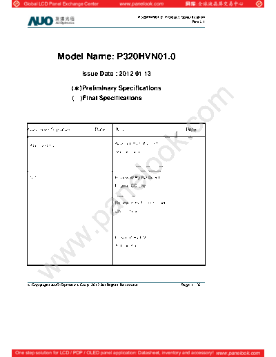 . Various Panel AUO P320HVN01-0 0 [DS]  . Various LCD Panels Panel_AUO_P320HVN01-0_0_[DS].pdf