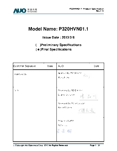 . Various Panel AUO P320HVN01-0 2 [DS]  . Various LCD Panels Panel_AUO_P320HVN01-0_2_[DS].pdf
