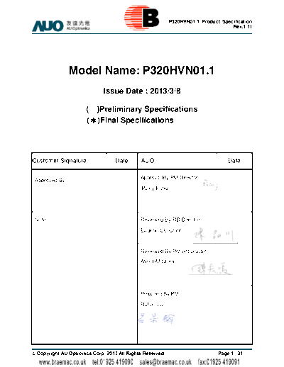 . Various Panel AUO P320HVN01-1 1 [DS]  . Various LCD Panels Panel_AUO_P320HVN01-1_1_[DS].pdf