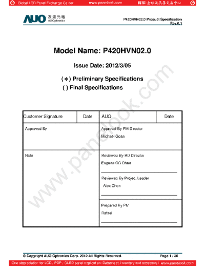 . Various Panel AUO P420HVN02-0 1 [DS]  . Various LCD Panels Panel_AUO_P420HVN02-0_1_[DS].pdf