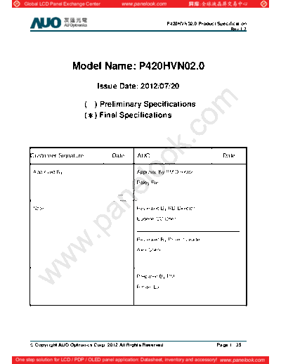 . Various Panel AUO P420HVN02-0 3 [DS]  . Various LCD Panels Panel_AUO_P420HVN02-0_3_[DS].pdf