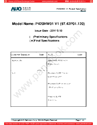 . Various Panel AUO P420HW01 V1 1 [DS]  . Various LCD Panels Panel_AUO_P420HW01_V1_1_[DS].pdf