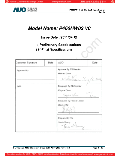 . Various Panel AUO P460HW02 V0 2 [DS]  . Various LCD Panels Panel_AUO_P460HW02_V0_2_[DS].pdf