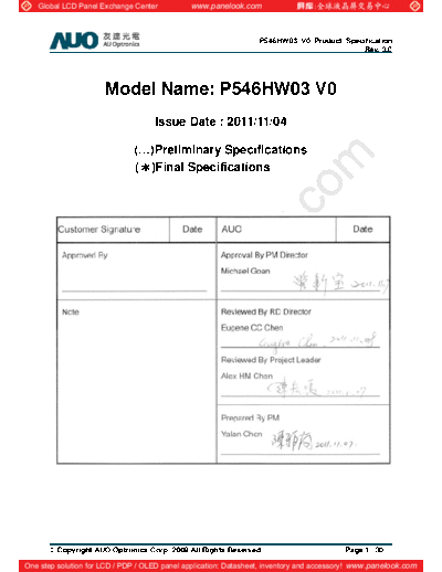 . Various Panel AUO P546HW03 V0 1 [DS]  . Various LCD Panels Panel_AUO_P546HW03_V0_1_[DS].pdf