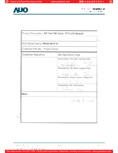 . Various Panel AUO P645HW03 V0 1 [DS]  . Various LCD Panels Panel_AUO_P645HW03_V0_1_[DS].pdf