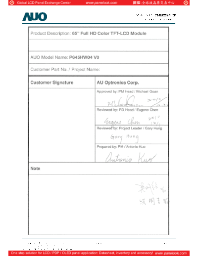 . Various Panel AUO P645HW04 V0 0 [DS]  . Various LCD Panels Panel_AUO_P645HW04_V0_0_[DS].pdf