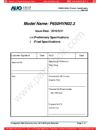 . Various Panel AUO P650HVN02-3 2 [DS]  . Various LCD Panels Panel_AUO_P650HVN02-3_2_[DS].pdf