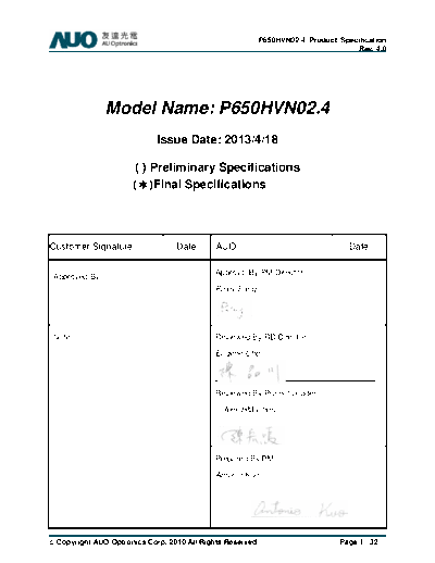 . Various Panel AUO P650HVN02-4 1 [DS]  . Various LCD Panels Panel_AUO_P650HVN02-4_1_[DS].pdf
