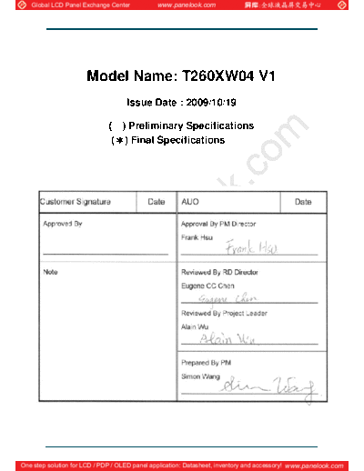 . Various Panel AUO T260XW04 V1 0 [DS]  . Various LCD Panels Panel_AUO_T260XW04_V1_0_[DS].pdf