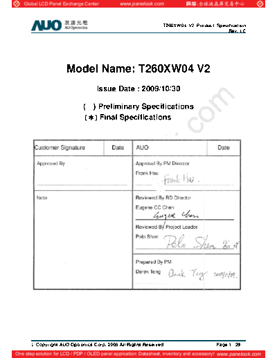 . Various Panel AUO T260XW04 V2 0 [DS]  . Various LCD Panels Panel_AUO_T260XW04_V2_0_[DS].pdf