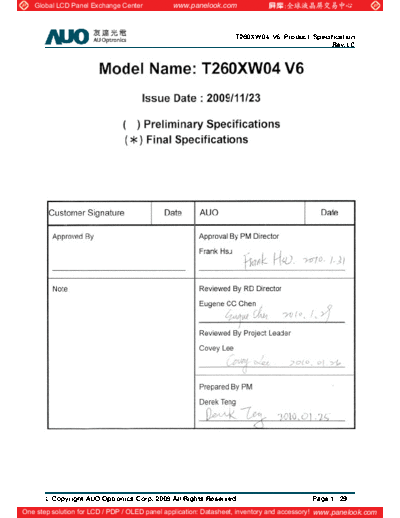 . Various Panel AUO T260XW04 V6 0 [DS]  . Various LCD Panels Panel_AUO_T260XW04_V6_0_[DS].pdf