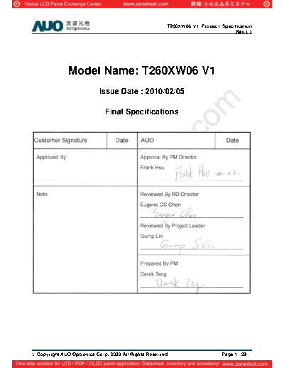 . Various Panel AUO T260XW06 V1 0 [DS]  . Various LCD Panels Panel_AUO_T260XW06_V1_0_[DS].pdf