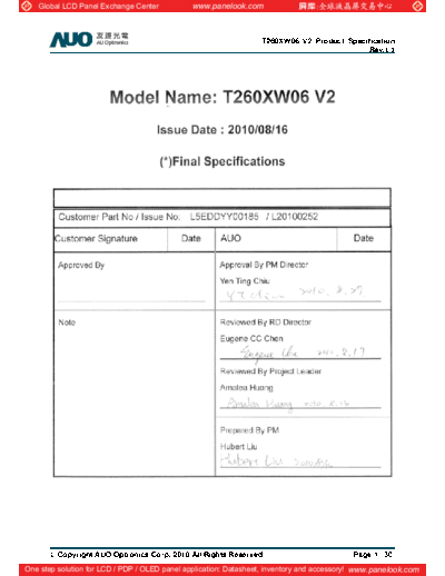 . Various Panel AUO T260XW06 V2 1 [DS]  . Various LCD Panels Panel_AUO_T260XW06_V2_1_[DS].pdf