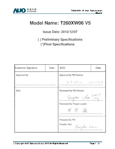 . Various Panel AUO T260XW06 V5 0 [DS]  . Various LCD Panels Panel_AUO_T260XW06_V5_0_[DS].pdf