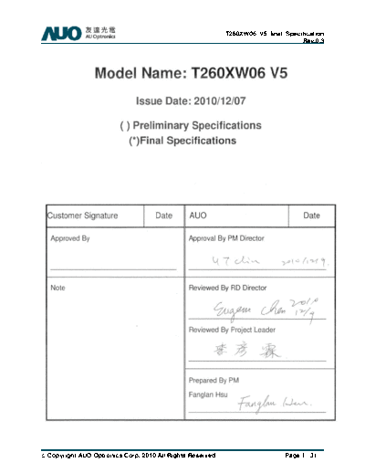 . Various Panel AUO T260XW06 V5 1 [DS]  . Various LCD Panels Panel_AUO_T260XW06_V5_1_[DS].pdf