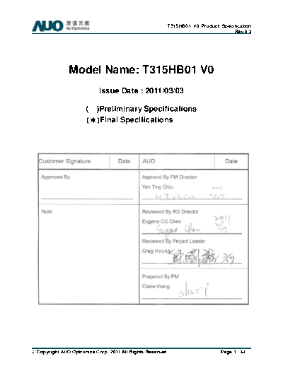 . Various Panel AUO T315HB01 V0 0 [DS]  . Various LCD Panels Panel_AUO_T315HB01_V0_0_[DS].pdf