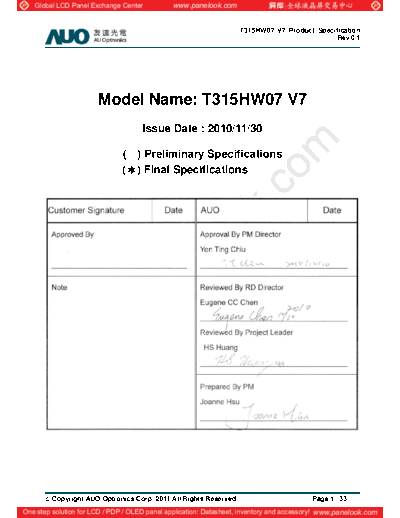 . Various Panel AUO T315HW07 V7 0 [DS]  . Various LCD Panels Panel_AUO_T315HW07_V7_0_[DS].pdf