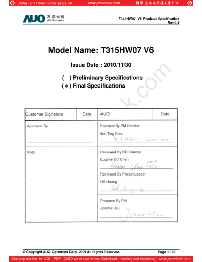 . Various Panel AUO T315HW07 V6 1 [DS]  . Various LCD Panels Panel_AUO_T315HW07_V6_1_[DS].pdf