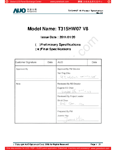 . Various Panel AUO T315HW07 V8 2 [DS]  . Various LCD Panels Panel_AUO_T315HW07_V8_2_[DS].pdf