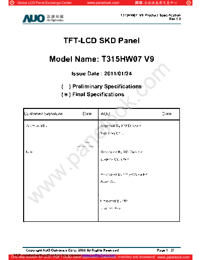 . Various Panel AUO T315HW07 V9 CELL 0 [DS]  . Various LCD Panels Panel_AUO_T315HW07_V9_CELL_0_[DS].pdf