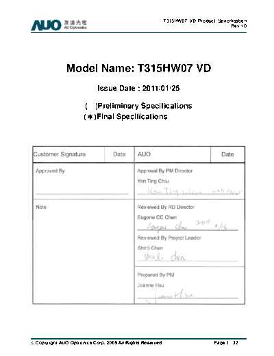 . Various Panel AUO T315HW07 VD 0 [DS]  . Various LCD Panels Panel_AUO_T315HW07_VD_0_[DS].pdf