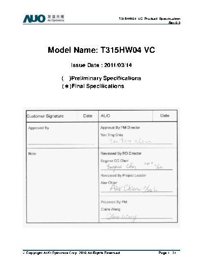 . Various Panel AUO T315HW04 VC 1 [DS]  . Various LCD Panels Panel_AUO_T315HW04_VC_1_[DS].pdf