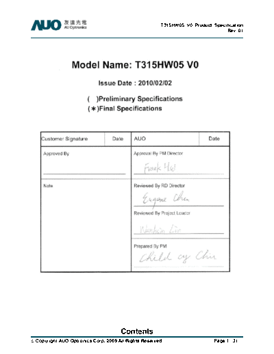 . Various Panel AUO T315HW05 V0 1 [DS]  . Various LCD Panels Panel_AUO_T315HW05_V0_1_[DS].pdf