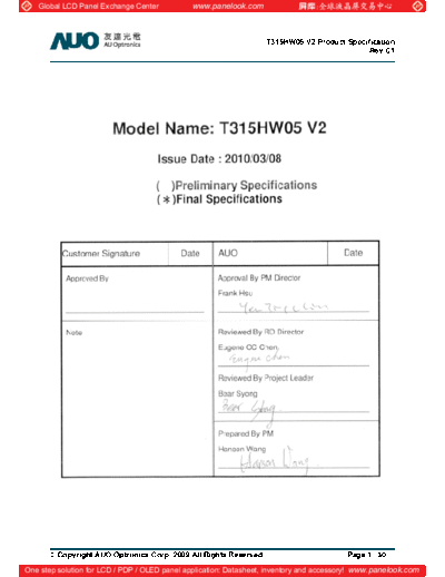 . Various Panel AUO T315HW05 V2 0 [DS]  . Various LCD Panels Panel_AUO_T315HW05_V2_0_[DS].pdf