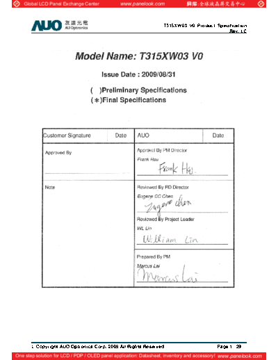 . Various Panel AUO T315XW03 V0 0 [DS]  . Various LCD Panels Panel_AUO_T315XW03_V0_0_[DS].pdf