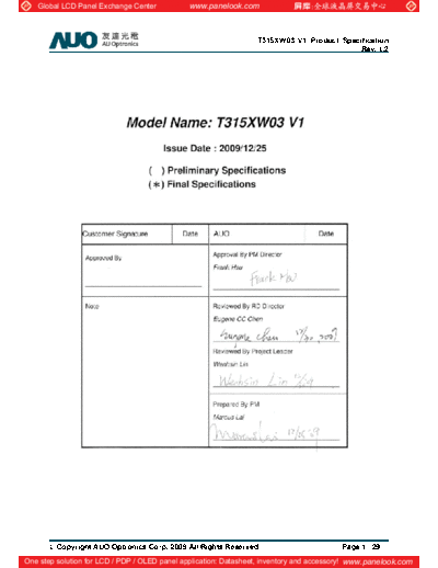 . Various Panel AUO T315XW03 V1 0 [DS]  . Various LCD Panels Panel_AUO_T315XW03_V1_0_[DS].pdf