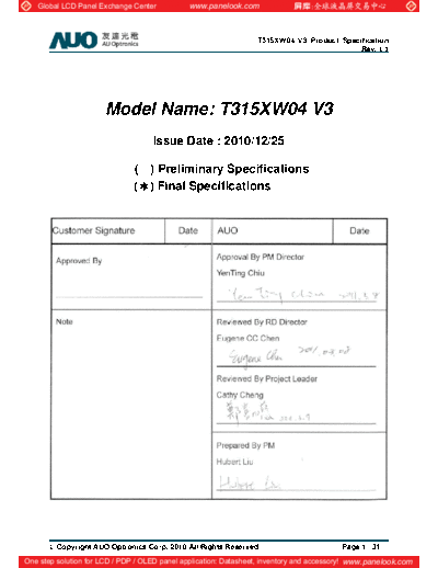 . Various Panel AUO T315XW04 V3 2 [DS]  . Various LCD Panels Panel_AUO_T315XW04_V3_2_[DS].pdf