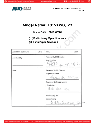 . Various Panel AUO T315XW06 V3 0 [DS]  . Various LCD Panels Panel_AUO_T315XW06_V3_0_[DS].pdf