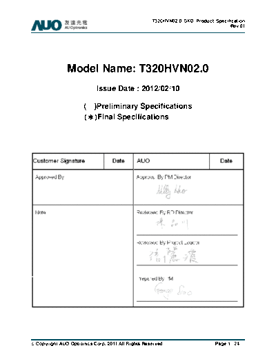 . Various Panel AUO T320HVN02-0 CELL 0 [DS]  . Various LCD Panels Panel_AUO_T320HVN02-0_CELL_0_[DS].pdf