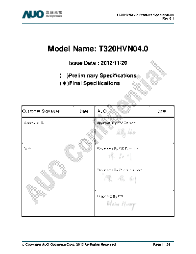 . Various Panel AUO T320HVN04-0 CELL 0 [DS]  . Various LCD Panels Panel_AUO_T320HVN04-0_CELL_0_[DS].pdf