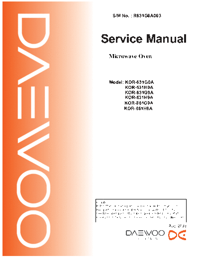 Daewoo daewoo kor-631 861g 138  Daewoo Micro Wave KOR-631-861 daewoo_kor-631_861g_138.pdf