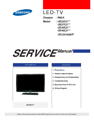 Samsung SAMSUNG LED-TV UE32 37-40 46C5xxx, UE32C4000Px N92A  Samsung LED TV N92A chassis SAMSUNG LED-TV UE32_37-40_46C5xxx, UE32C4000Px N92A.pdf