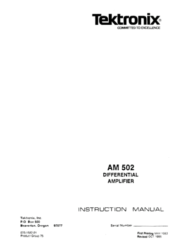 Tektronix AM502 Differential Amplifier (Oscilloscope Plugin) (1986) WW  Tektronix Tektronix AM502 Differential Amplifier (Oscilloscope Plugin) (1986) WW.pdf