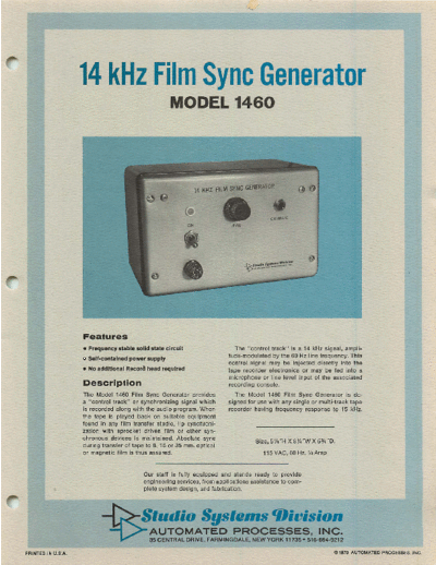 . Various API 1460 14kHz Film Sync Generator lit  . Various SM scena API API_1460_14kHz_Film_Sync_Generator_lit.pdf