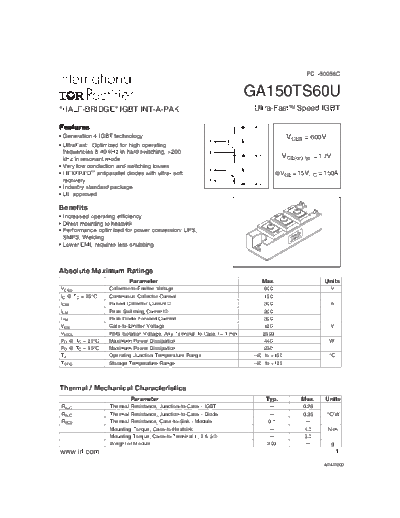 International Rectifier ga150ts60u  . Electronic Components Datasheets Active components Transistors International Rectifier ga150ts60u.pdf