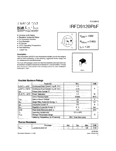 International Rectifier irfd9120pbf  . Electronic Components Datasheets Active components Transistors International Rectifier irfd9120pbf.pdf