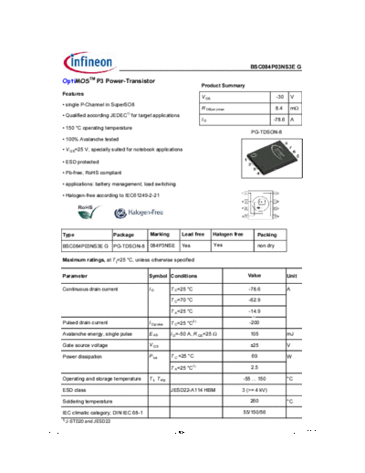Infineon bsc084p03ns3eg 2.1  . Electronic Components Datasheets Active components Transistors Infineon bsc084p03ns3eg_2.1.pdf