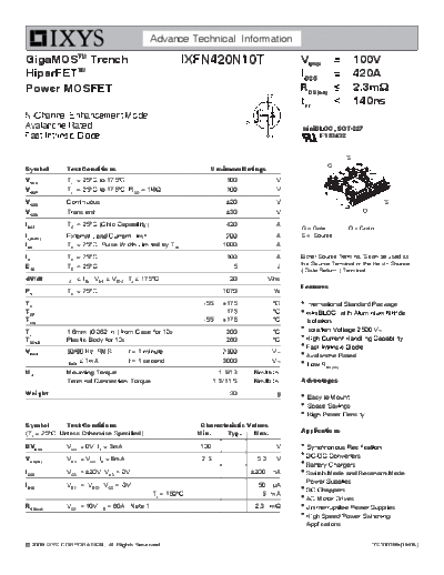 Ixys ixfn420n10t  . Electronic Components Datasheets Active components Transistors Ixys ixfn420n10t.pdf