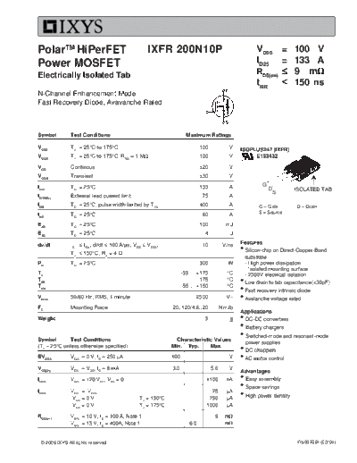 Ixys ixfr200n10p  . Electronic Components Datasheets Active components Transistors Ixys ixfr200n10p.pdf